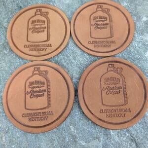 Jim Beam VTG Set of 4 Leather Coasters Round Tooled Leather Advertising Bourbon